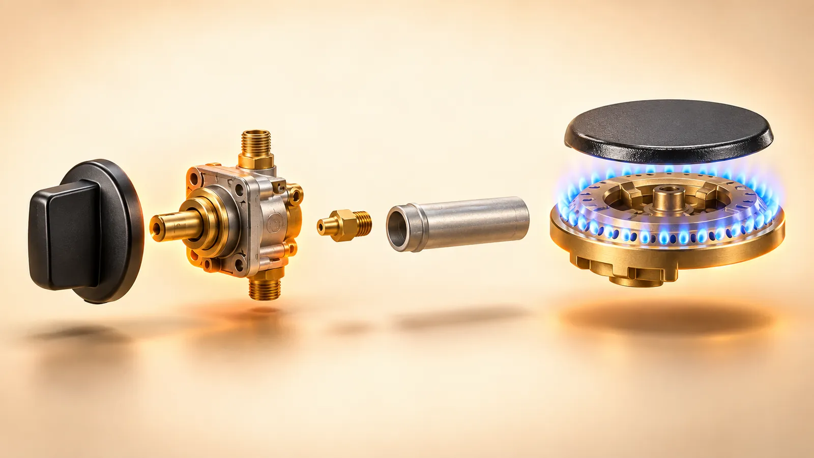 Exploded view of a gas stove burner assembly: control knob, gas valve, injector jet, mixing tube, and a brass burner with its cap and a ring of blue flame